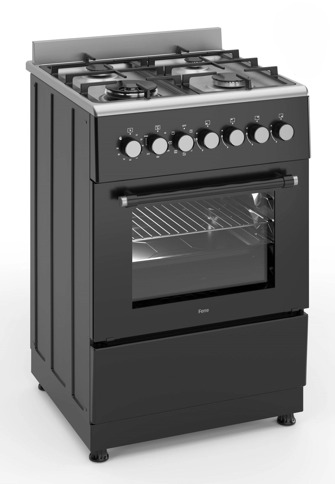 Ferre F6TS40E7-IBL-W 60cm Freestanding Dual Fuel Cooker, Wok Burner and Turbo Fan