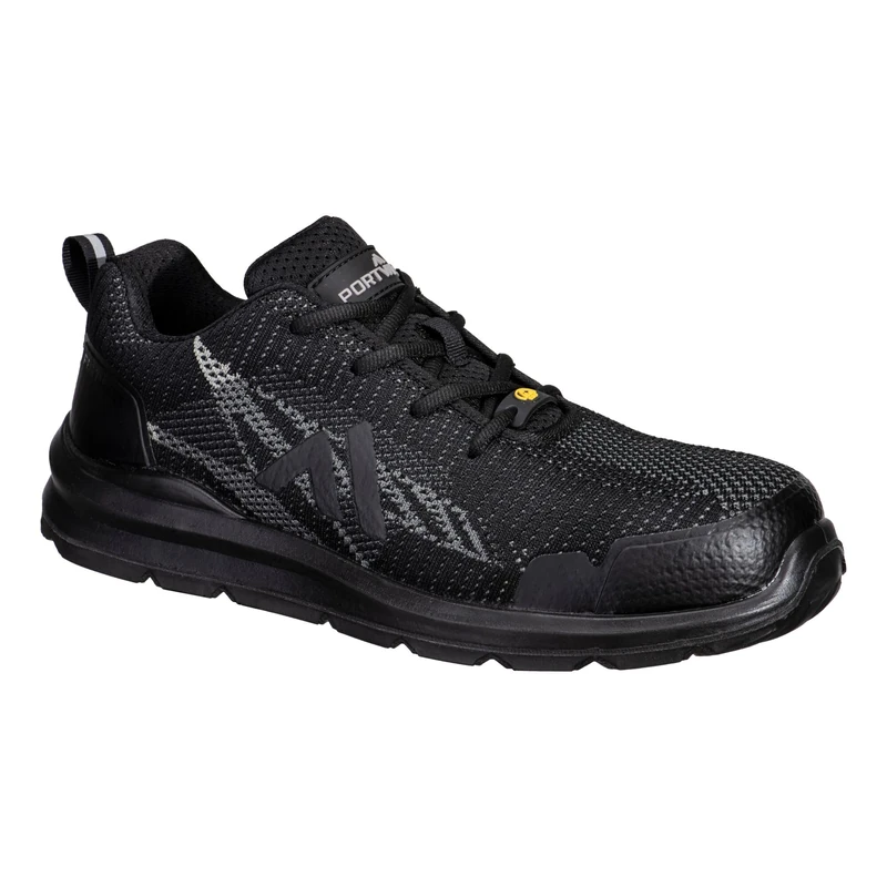 Portwest FC32 Composite Trainer S1PS ESD Flyknit Breathable Seamless Toe Cap Lightweight Non Metallic Slip Resistant Anti Static Work Footwear, Black/Zoom Grey, 48