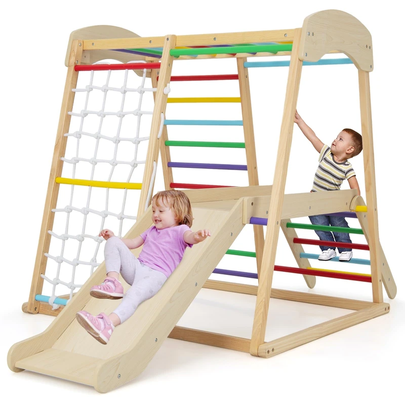 GYMAX 6 in 1 Kids Climbing Set, Wooden Toddler Climber