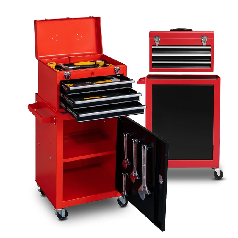 DAIMANN - Professional Tool Trolley with 3 Sliding Drawers and Lockable Cabinet for Garage and Workshop, Painted Metal Structure Easy to Move (Red)