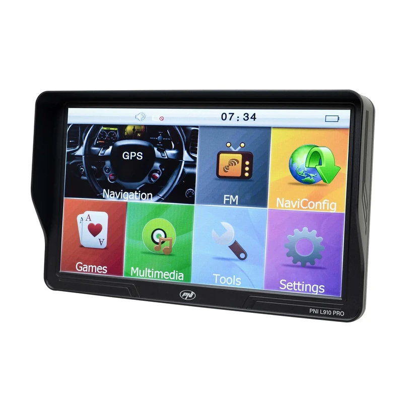 PNI L910 PRO GPS navigation system with sun visor, 9 inch, 800 MHz, 512MB DDR, 16GB internal memory, FM transmitter, black