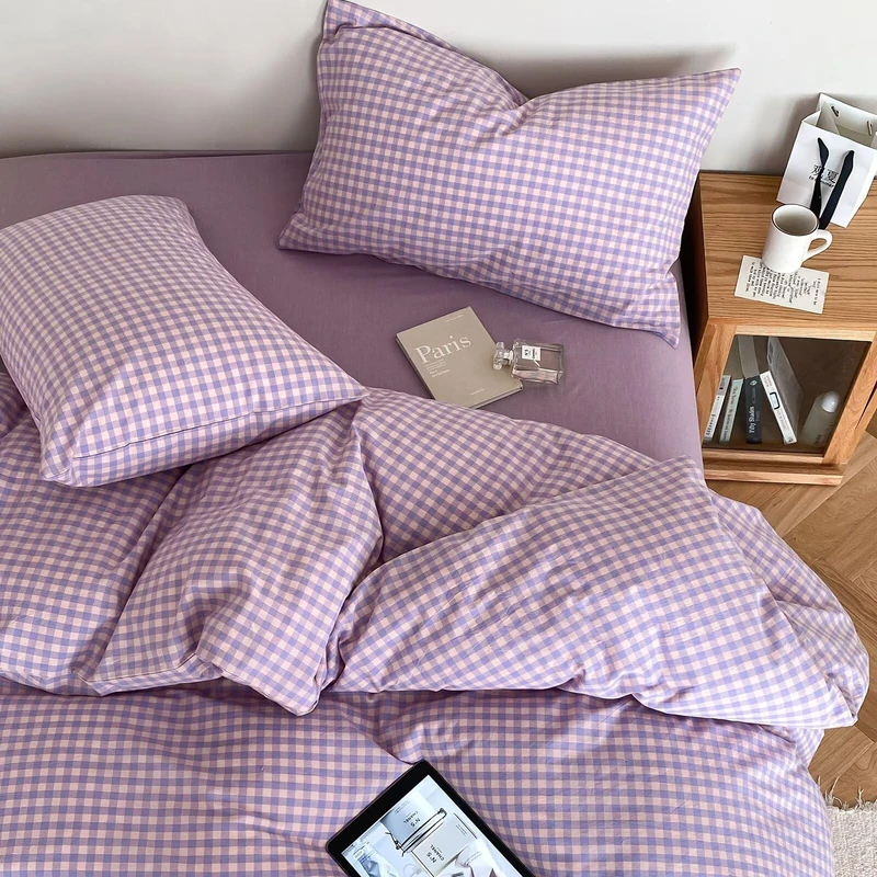 mixinni Purple Gingham Comforter Set Twin XL, Plaid Comforter Set 3 Pieces 1 Beige Grid Comfoter with 2 Pillow Cases for All Seasons, Soft Fluffy Modern Grid Pattern Printed Bedding-Twin XL Size