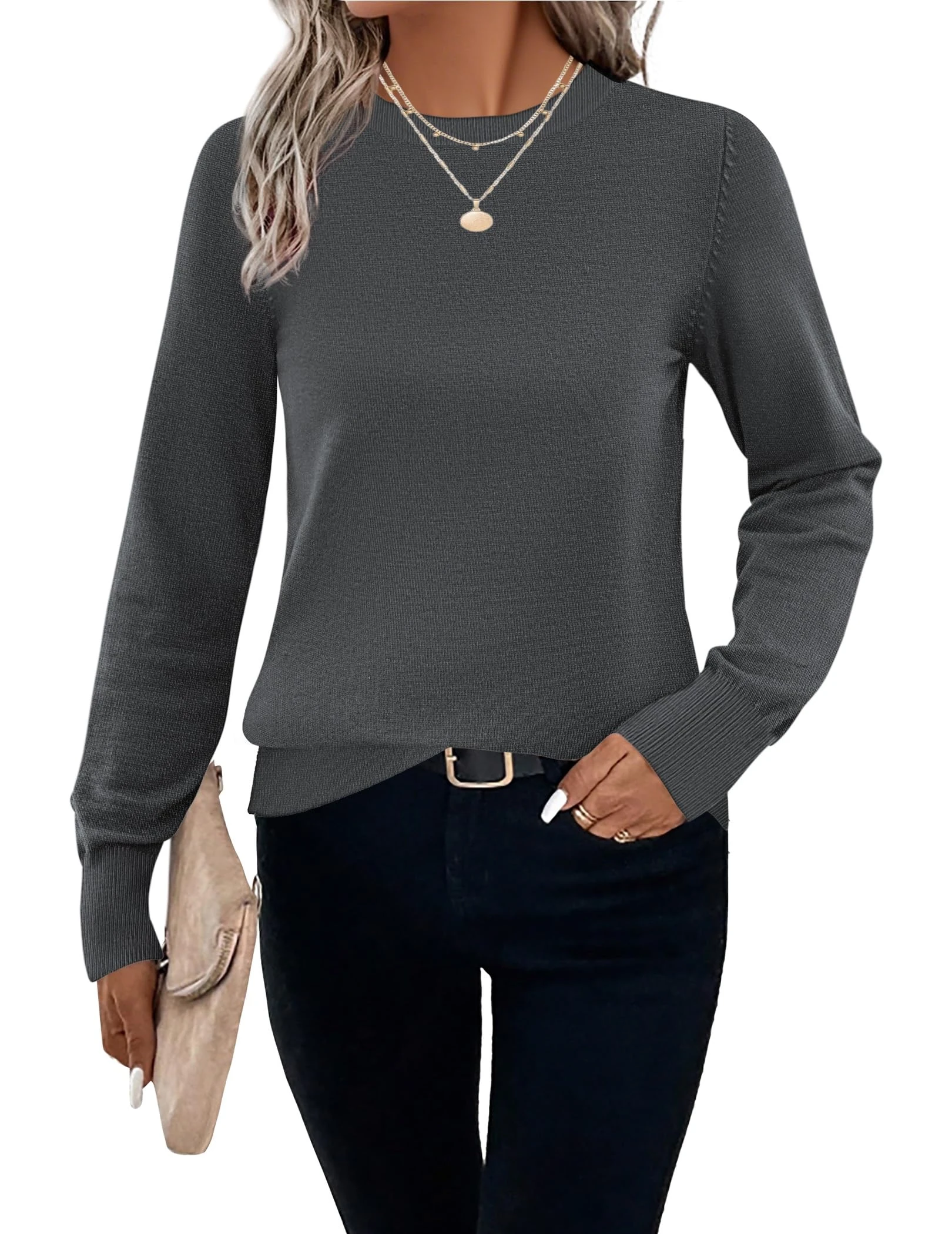 HOTOUCH Jumpers for Women UK Fall Crew Neck Sweaters Long Sleeve Regular Fit Knitwear Solid Classic Winter Jumper Elegant Pullover Top Grey XL