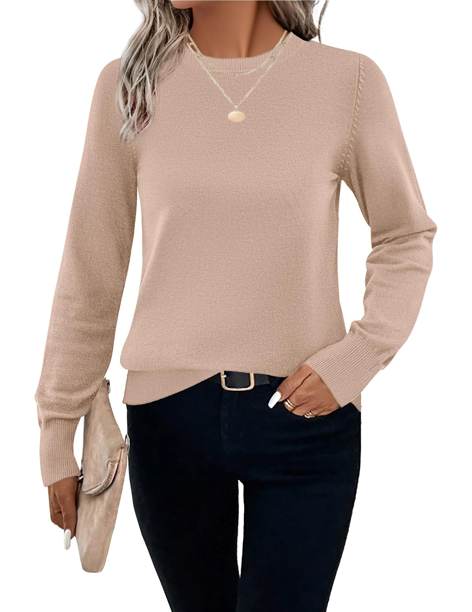 HOTOUCH Ladies Knitwear UK Long Sleeve Plain Sweater Elegant Comfy Jumpers Knitted Top for Women Round Neck Basic Sweatshirt Khaki XL