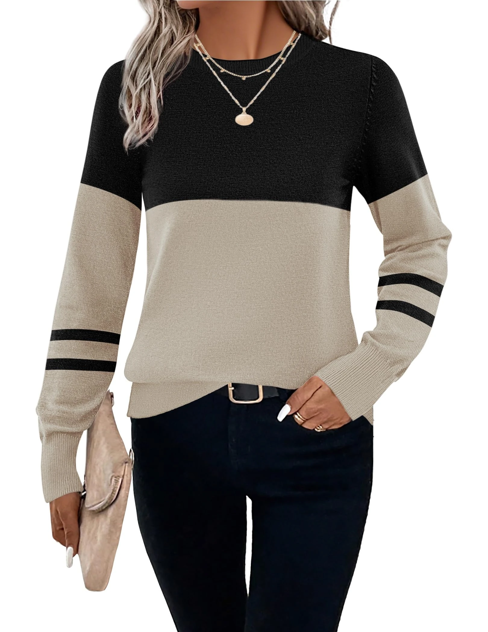 HOTOUCH Autumn Jumpers for Women Elegant Crew Neck Knitwear Colour Block Sweater Winter Long Sleeve Jumpers Regular Fit Knit Sweatshirts Color Block XL