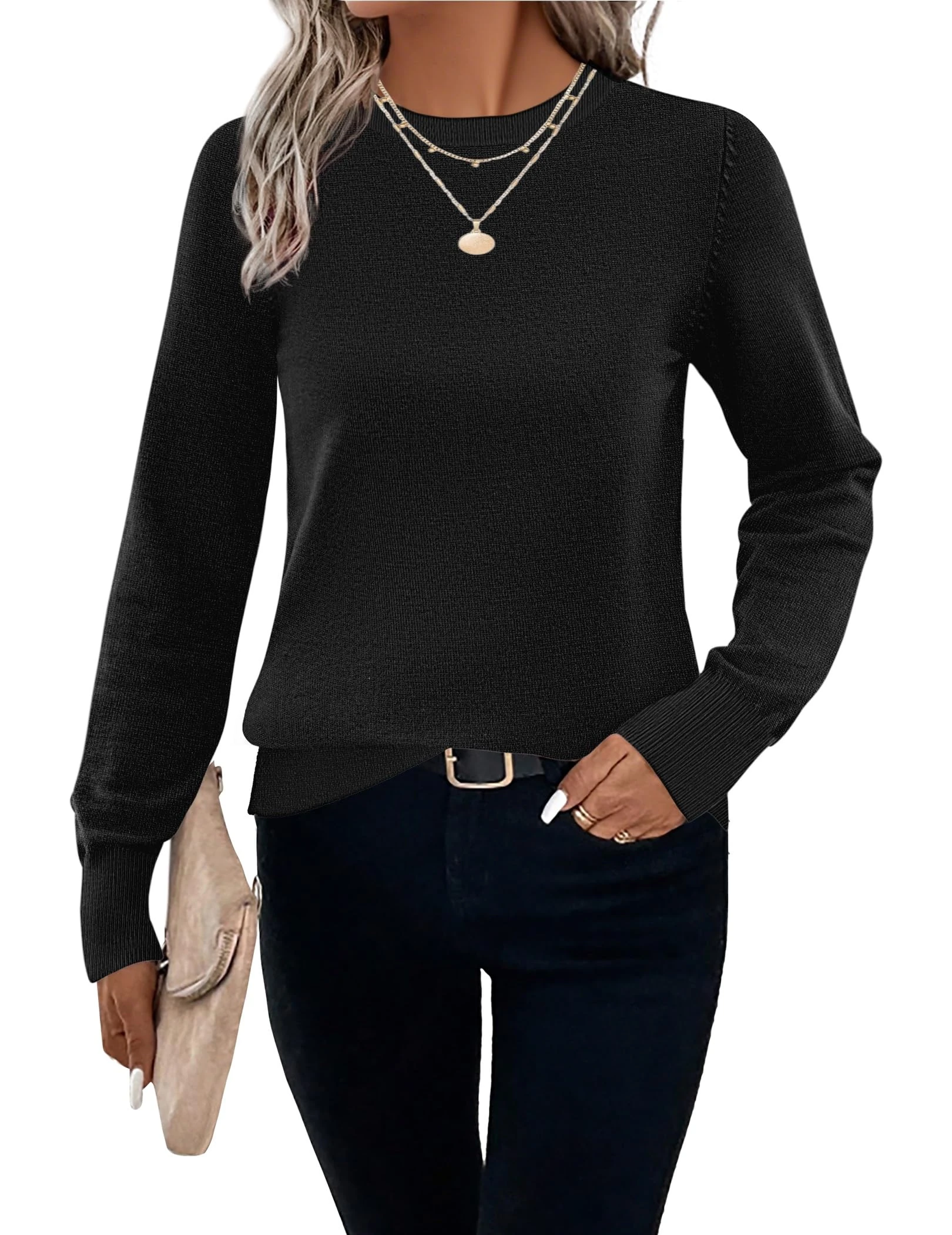 HOTOUCH Womens Jumpers Long Sleeve Crew Neck Sweater Autumn Winter Basic Knitwear Basic Knitted Sweatshirt Casual Plain Pullover Black XL