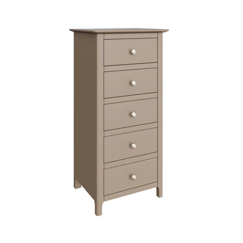 FWStyle Palma Putty 5-Drawer Tall Slim Chest of Drawers – Fully Assembled Narrow Storage Unit with Smooth-Glide Drawers & Brushed Metal Handles – Compact Bedroom Furniture