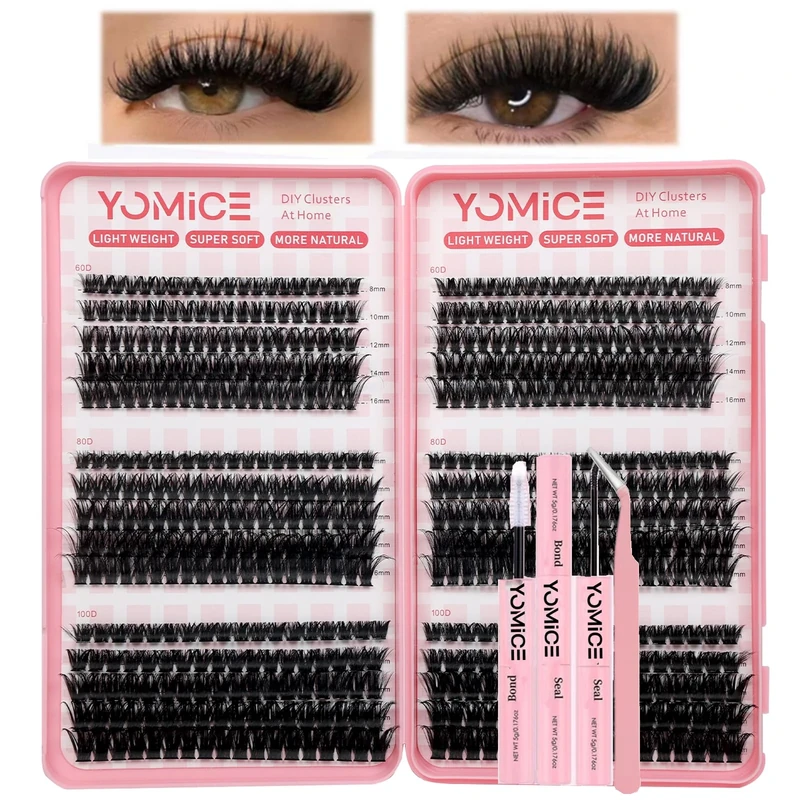 Fluffy Individual Eyelashes Kit 60+80+100D Clusters Lashes Kit 590pcs Thick Lashes Individual Cluster Russian Strip Lash D Curl DIY Lash Extension with Lash Bond and Seal Tweezers（#02kit)