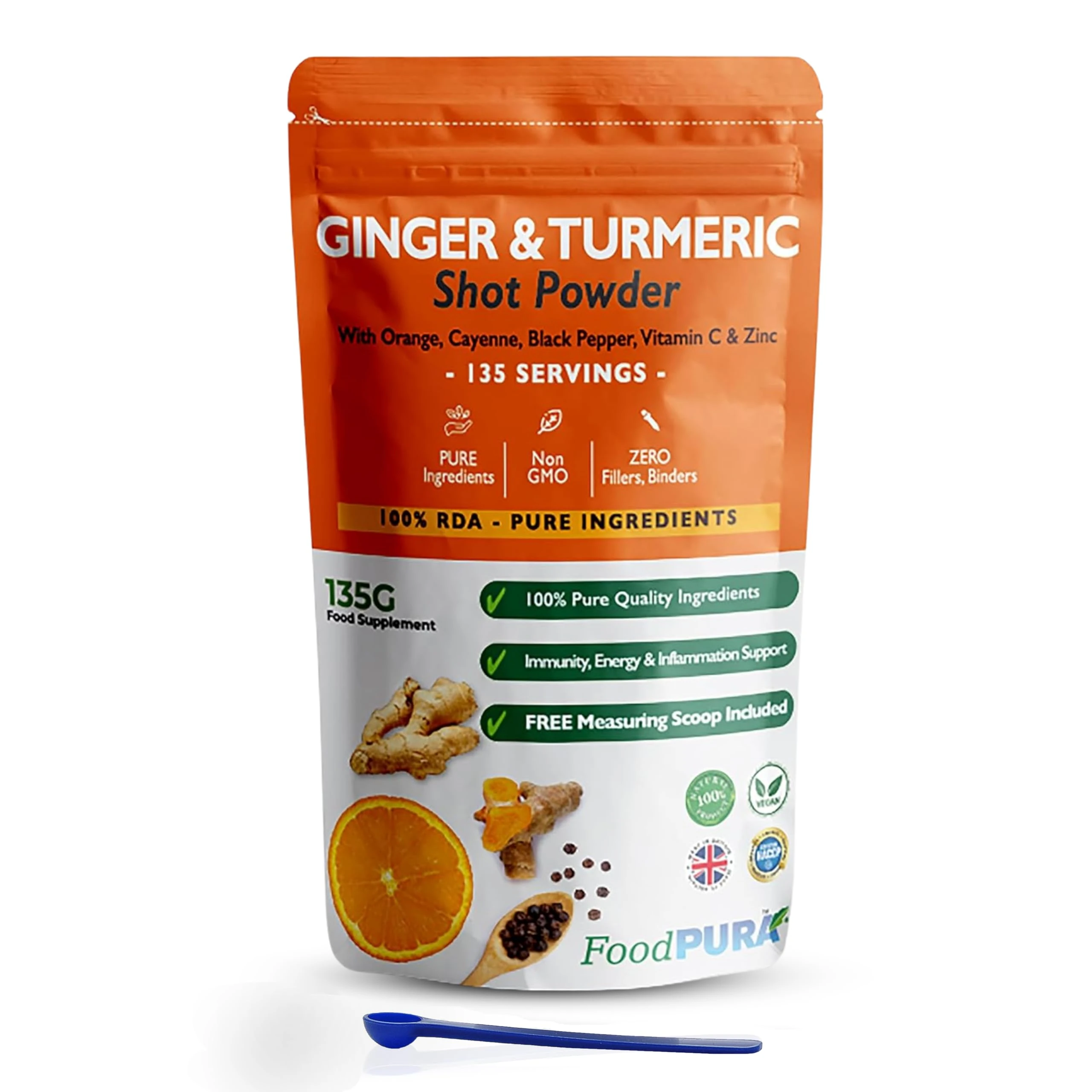 FoodPURA 135g Ginger & Turmeric Shot Drink Powder 135 Servings with Orange Cayenne Black Pepper Vitamin C & Zinc 100% RDA Natural Supplement No Added Sugar Immunity Energy & Inflammation Support
