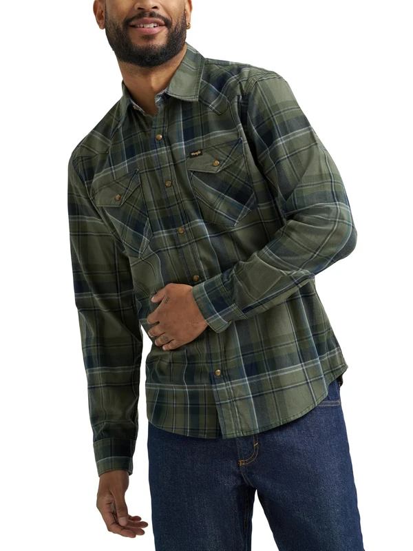 Wrangler Men's Iconic Denim Regular Fit Snap Shirt, Thyme Plaid, XXL
