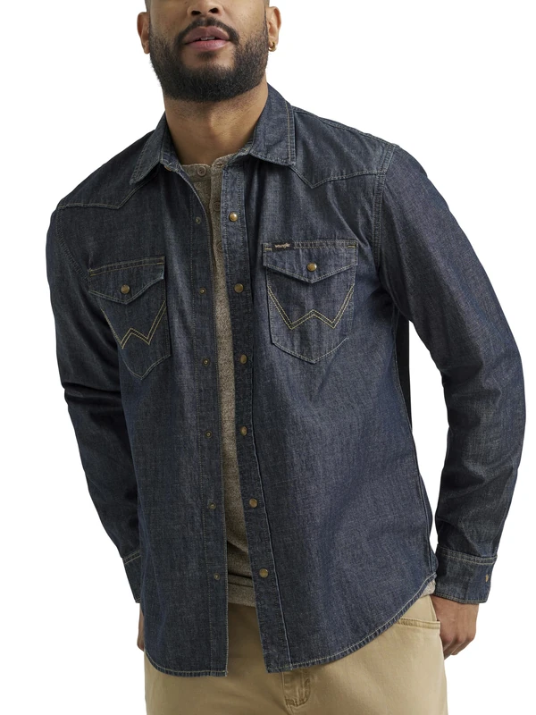 Wrangler Men's Iconic Denim Regular Fit Snap Shirt, Canyon Wash, Medium