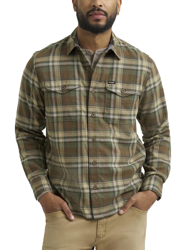 Wrangler Men's Long Sleeve Shirt, Thyme Plaid (Flannel), Medium