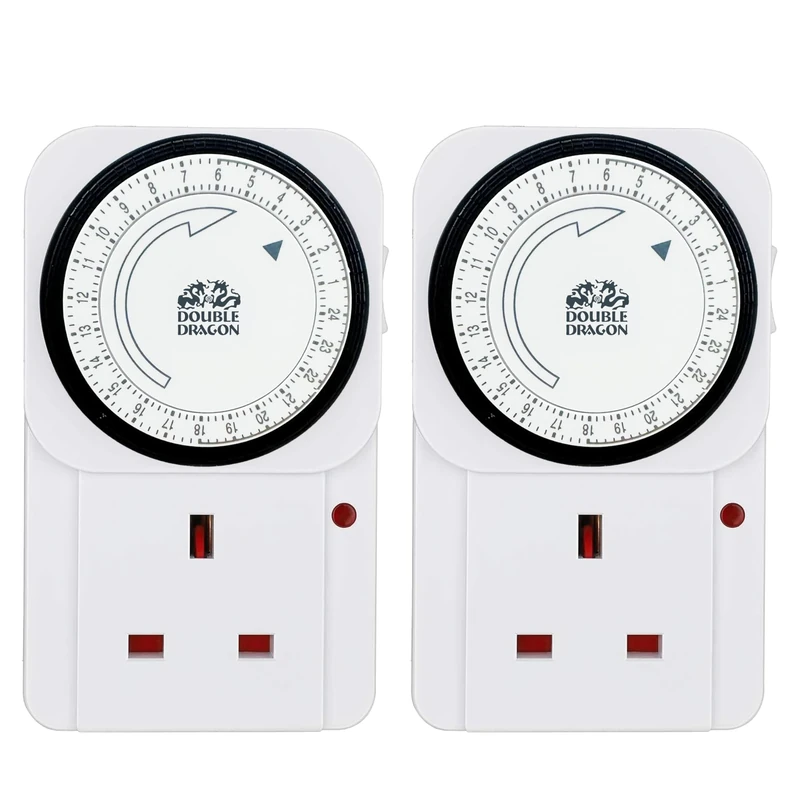 Double Dragon Pack of 2, 24 Hour Mechanical Timer Plug Socket| Programmable UK 3-Pin Timer Switch with 15-Minute Intervals |13A 3120W Energy-Saving Plug-in Timer for Lights, Appliances & Home Security