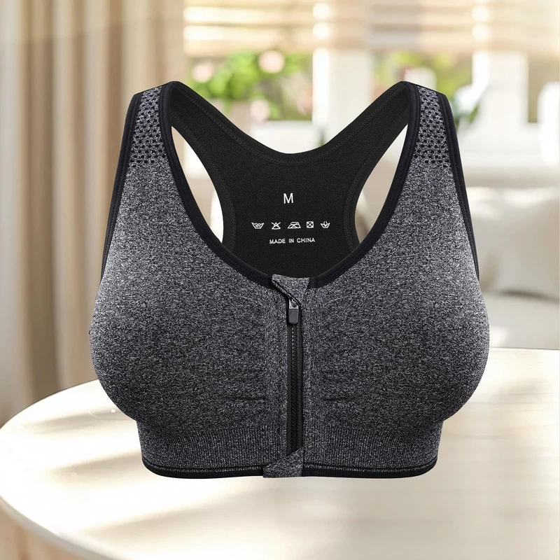 Women's Zip Front Sports Bra - Wireless Medium Support Yoga Bra with Removable Pads, Gray, Large