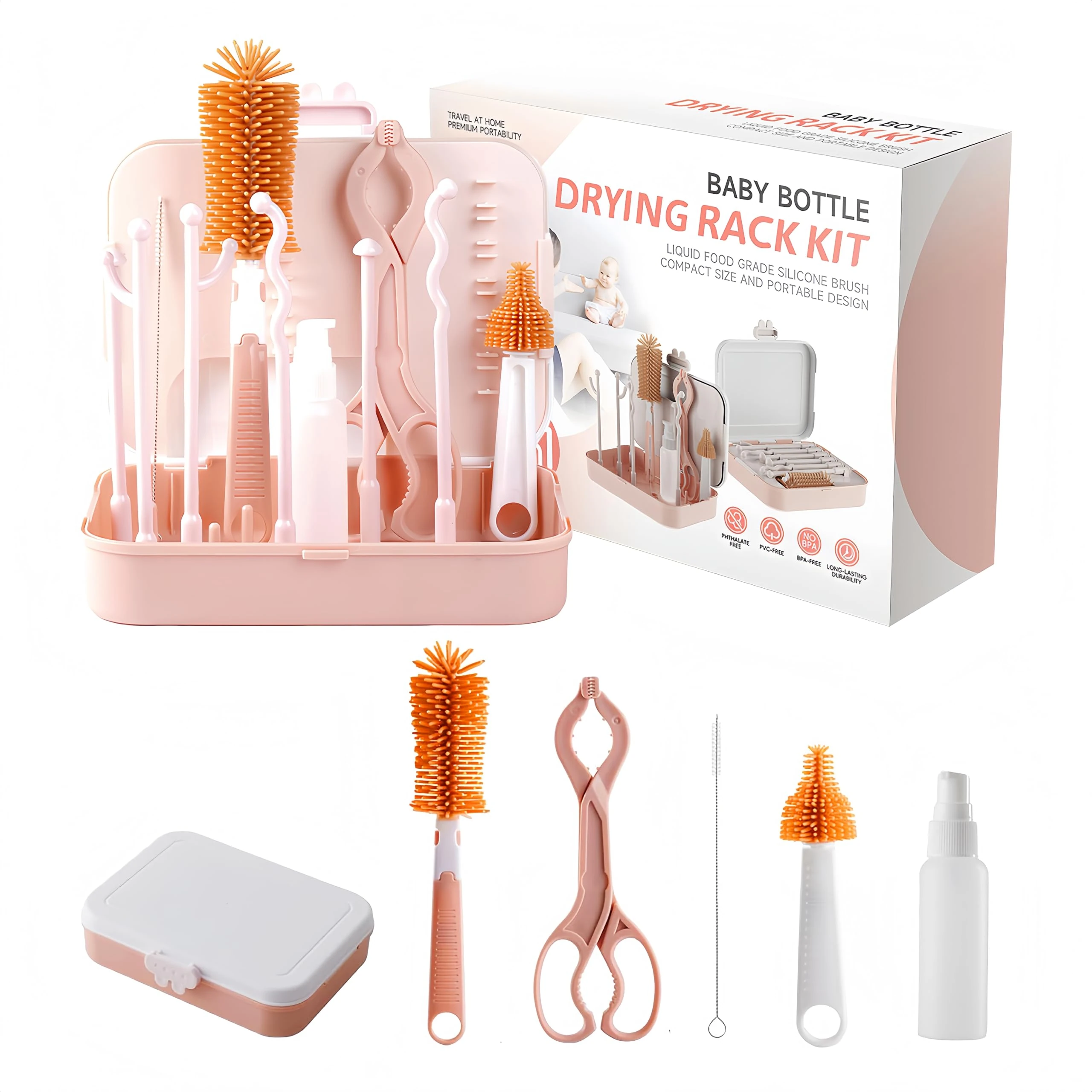 Baby Bottle Brush 6 in 1 Bottle and Teat Cleaning Brush Kit Silicone Baby Bottle Cleaner Brush for Baby Travel with Silicone Bottle/Nipple/Straw Brush Soap Dispenser Drying Rack Dishwasher Safe