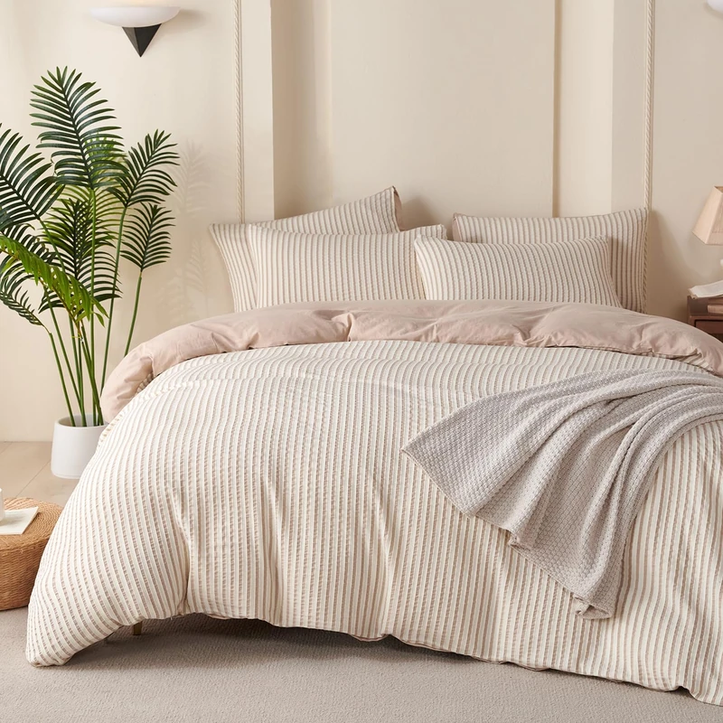 TISPLR Comforter Queen Set Beige Striped Soft Luxury Washed Microfiber Jacquard 3 Pieces Bedding, White Beige Vertical Ticking Stripes Pattern Comforter with 2 Pillowcases Breathable Durable Comfy