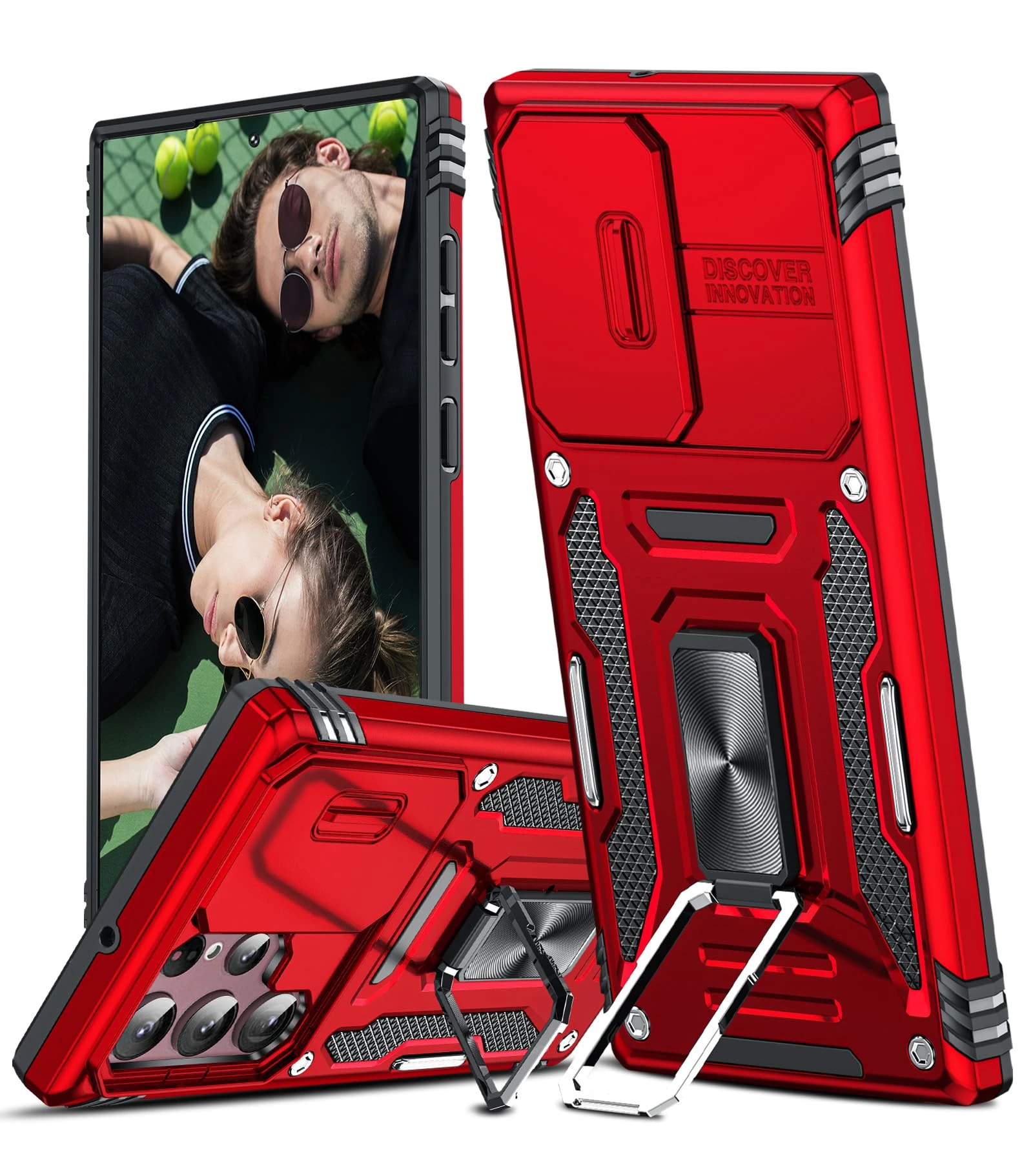 LeYi for Samsung Galaxy S22 Ultra Phone Case, with Camera Lens Cover Slider and Ring Stand Holder, Military Grade Hard Protective Cover Tough Armour Case for Samsung Galaxy S 22 Ultra, Red