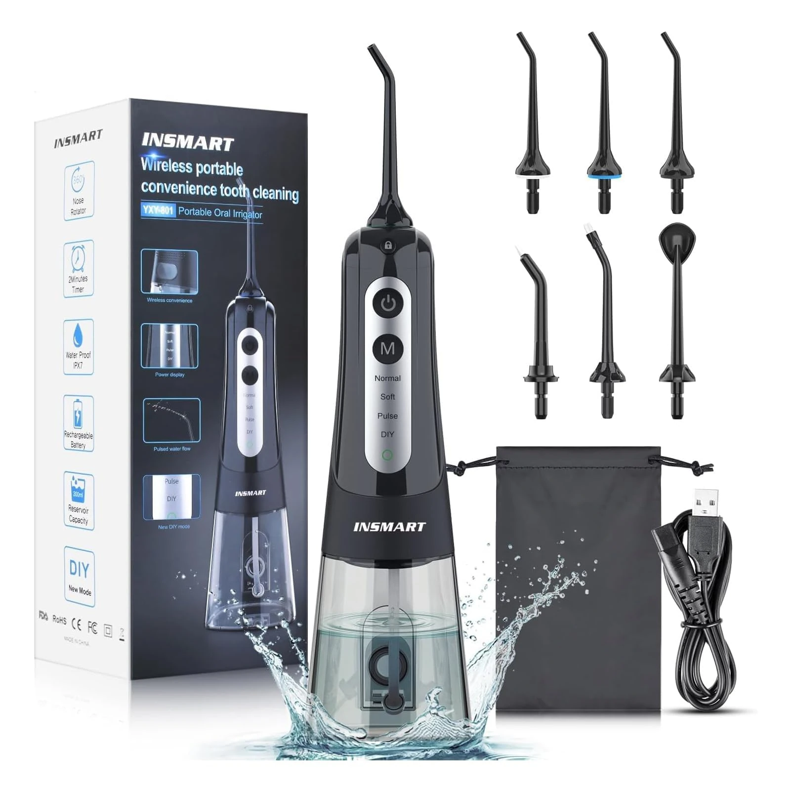 Cordless Water Dental Flosser Teeth Cleaner, INSMART Professional 300ML Tank DIY Mode Rechargeable Dental Oral Irrigator for Home and Travel, IPX7 Waterproof 6 Modes Irrigate Oral Care (Black)