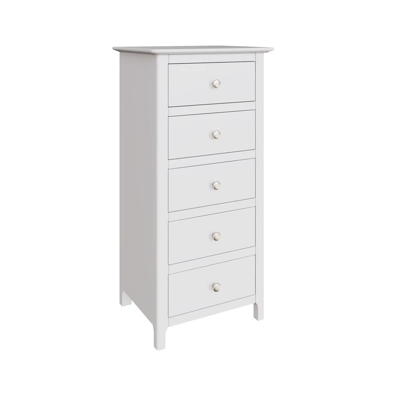 FWStyle Palma White 5-Drawer Tall Slim Chest of Drawers – Fully Assembled Narrow Storage Unit with Smooth-Glide Drawers & Brushed Metal Handles – Compact Bedroom Furniture