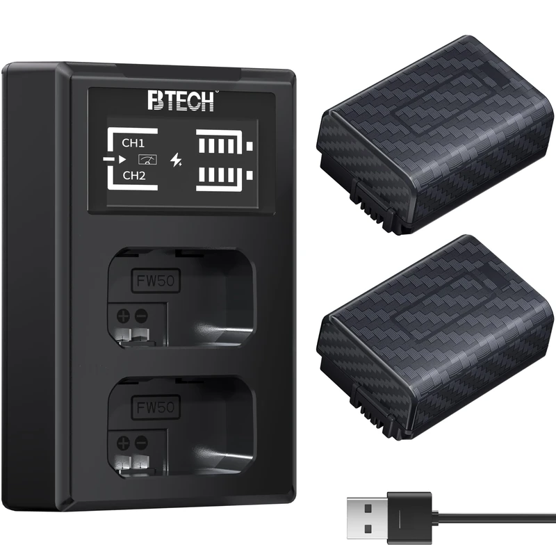 BTECH NP-FW50 Battery & Dual USB Fast Charger Kit for Sony ZV-E10, A6000, A6300, A6400, A6500, A7, A7 II, A7R II, A7S II, A7S, A7R, A55, A5000, A5100, RX10