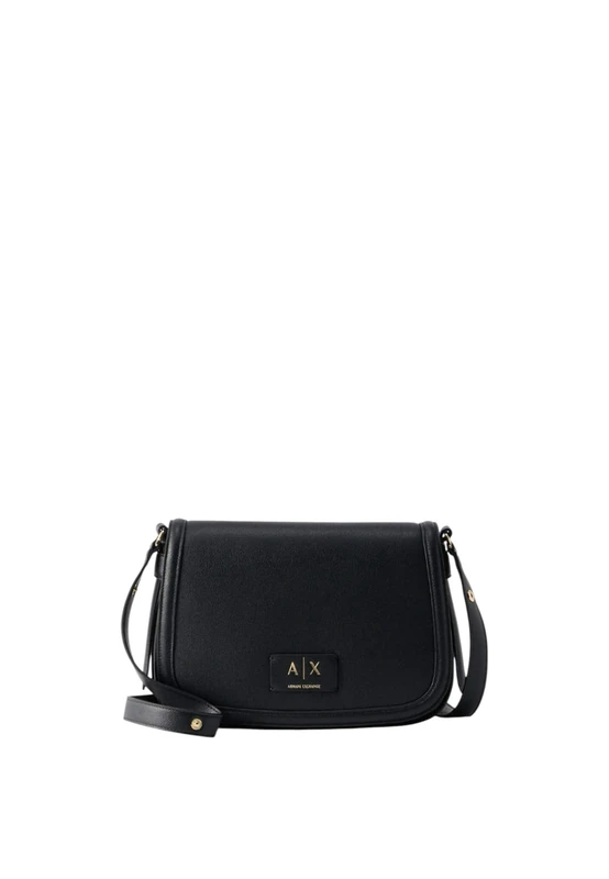 Armani Exchange Women Tory, Flap Button Closure, Gold Logo Messenger Bag, Black, One Size
