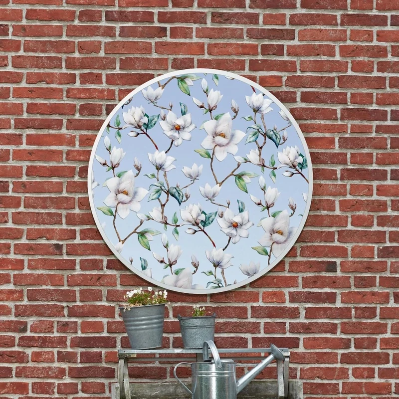 MirrorOutlet The Typis - White Metal Frame Edged Modern Round Circular Edge Garden Wall Mirror With Flower Printed Decal 31"x31" (80CM X 80CM)