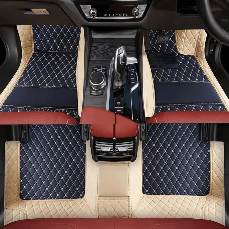 Custom Luxury Car Floor Mats Suitable for All Sedans, Sports Cars,SUV, Business Vehicles, Trucks, Waterproof and Anti Slip Fully Covered Leather Floor Mats (Beige and Black)