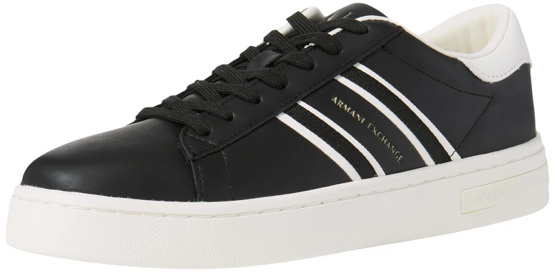 Armani Exchange Men's London, Side Stripes, Colour Contrast Trainers, Black + Off White, 41 EU