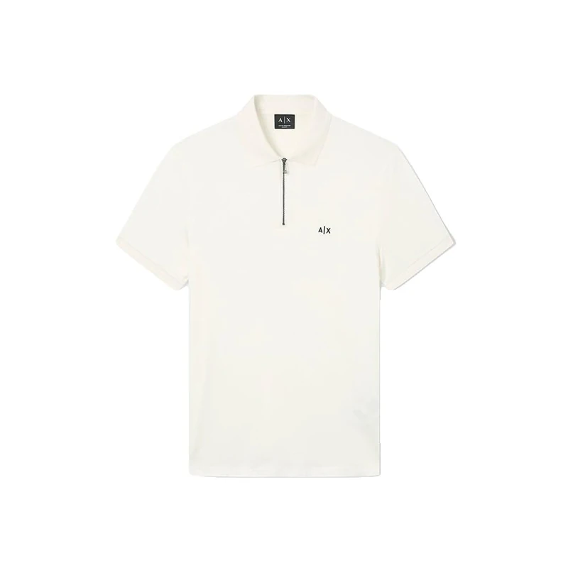 Armani Exchange Men's 3D Embroidered Logo Half Silver Zip Polo Shirt, Off White, XS
