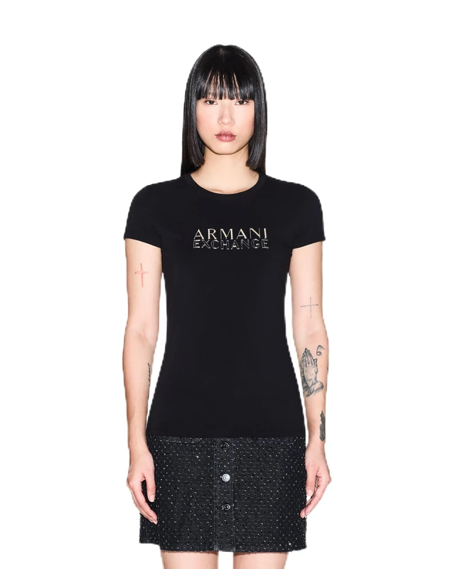 Armani Exchange Women's Salin de Giraud, Silver Logo Lettering T-Shirt, Black, XXL