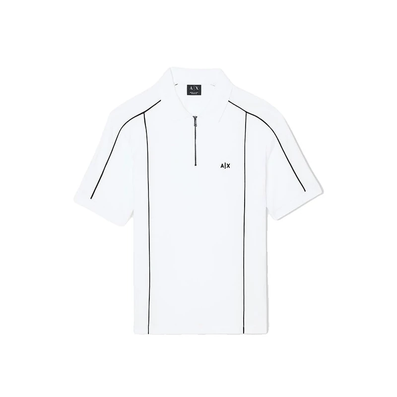 Armani Exchange Men's 3D Embroidered Logo Half Silver Zip Body Sleeve Stripes Polo Shirt, Off White, XXL