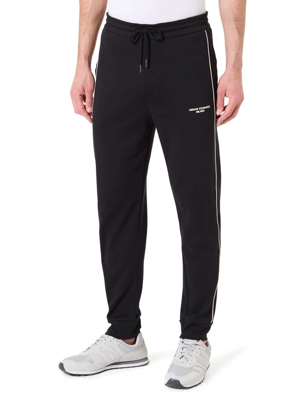 Armani Exchange Men's Leg Cuff, Drawstring, Side Stripes, Front Logo, Sweatpants, Black