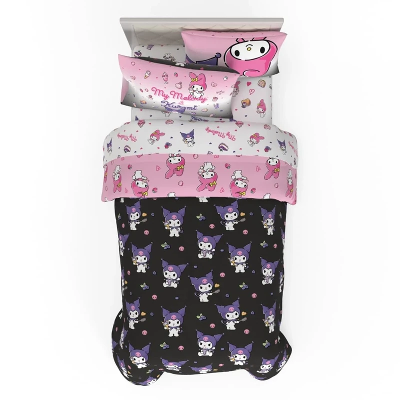 Franco Sanrio Kuromi & My Melody Bedding 5 Piece Super Soft Cozy Reversible Comforter and Sheet Set with Sham, Twin, (Officially Licensed Product)