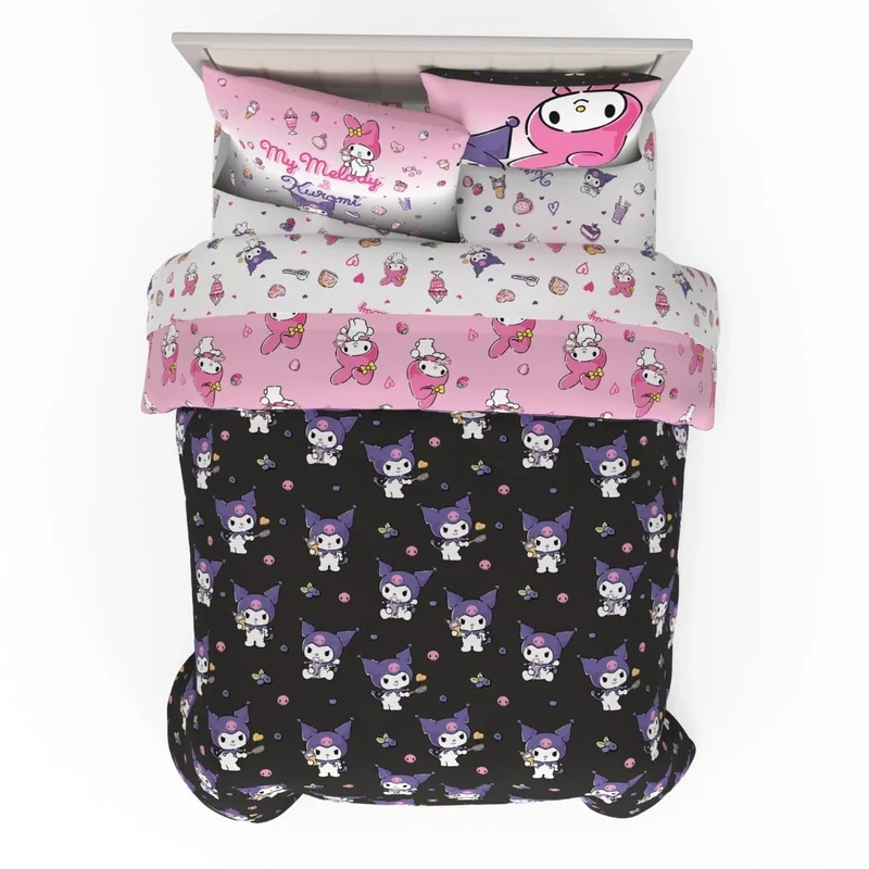 Franco Sanrio Kuromi & My Melody Bedding 7 Piece Super Soft Cozy Reversible Comforter and Sheet Set with Sham, Full, (Officially Licensed Product)