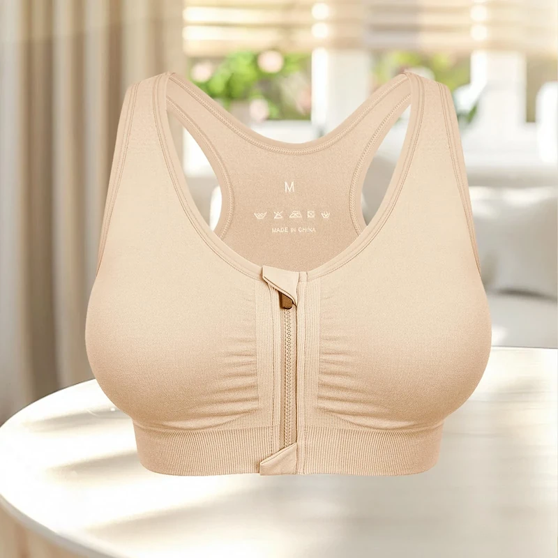 Women's Zip Front Sports Bra - Wireless Medium Support Yoga Bra with Removable Pads, Nude, Large