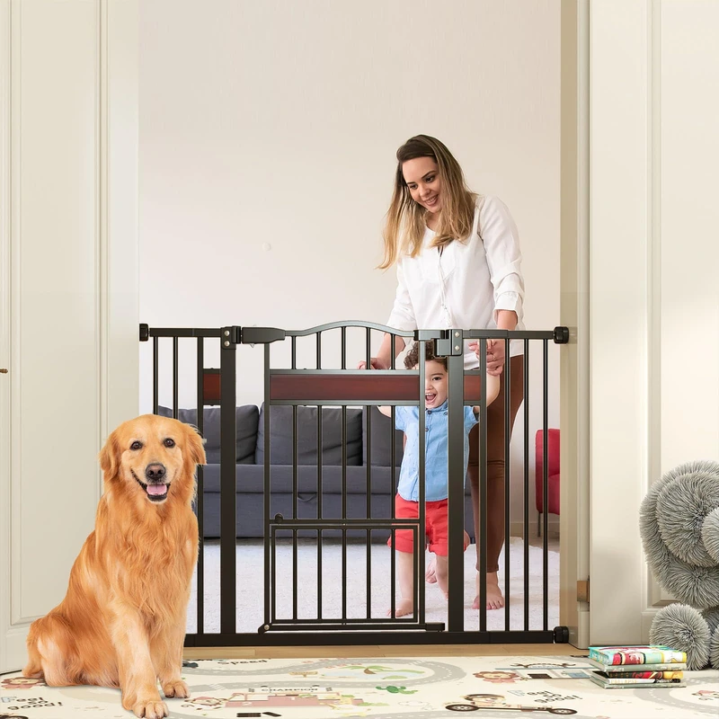 GYMAX Baby Safety Gate, 74-104 cm Adjustable Width Stair Gates with Small Door, Dual Locks and Pressure Mount System, Metal Extra Wide Walk Through Pet Gate for Kids & Pets (Black, 74-104 cm)
