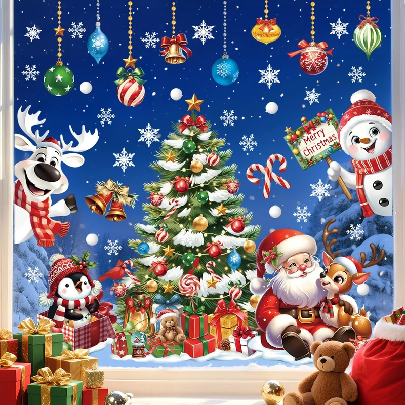 wondever 3D Christmas Tree Santa Claus Window Clings Reindeer Snowman Penguin Glass Sticker Decal Anti Collision Double-Side Static Window Decals for Christmas Party