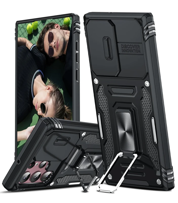 LeYi for Samsung Galaxy S22 Ultra Phone Case, with Camera Lens Cover Slider and Ring Stand Holder, Military Grade Hard Protective Cover Tough Armour Case for Samsung Galaxy S 22 Ultra, Black