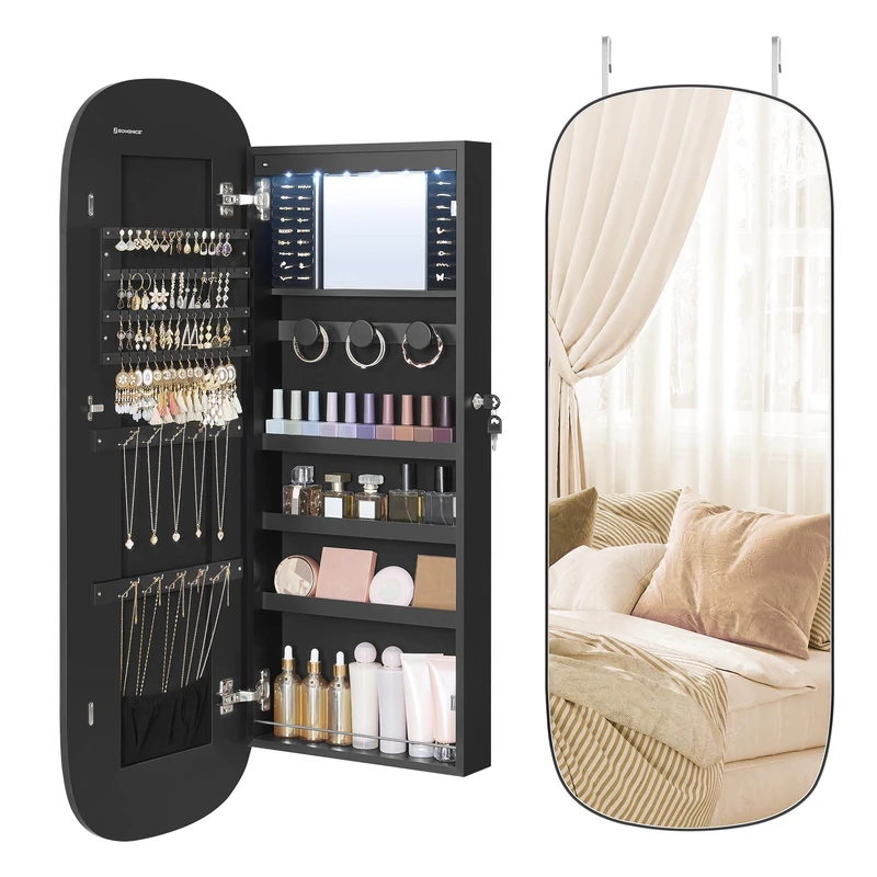SONGMICS Mirror with Storage, LED Mirror Jewellery Cabinet Wall/Door Mounted, Lockable Rounded Wide Jewellery Organiser, 10 x 42 x 108 cm, Black Surface with Black Lining JJC026B01