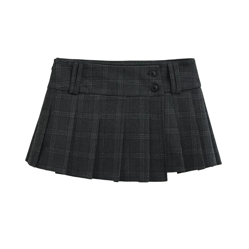 Women's Y2k Vintage Plaid Pleated Asymmetric Mini Skirt Black L