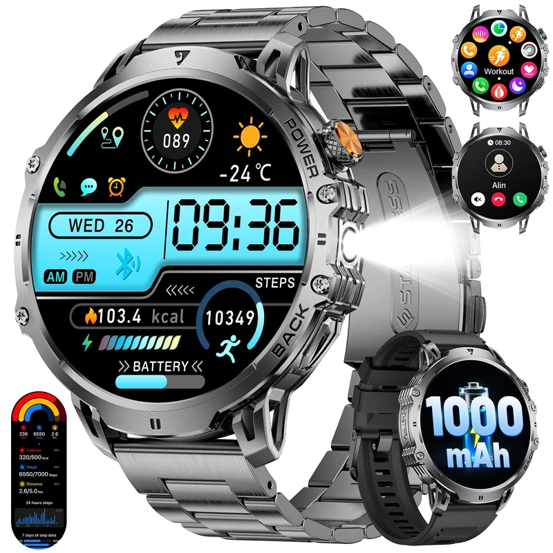 BENYAR SMART-Smart Watch for Men 1000mAh Battery, 1,85" HD Large Screen Fitness Watch with LED Flashlight/Bluetooth Call, 110+Sports Modes Pedometer with Step Counter/Calories IP68 Waterproof, Black