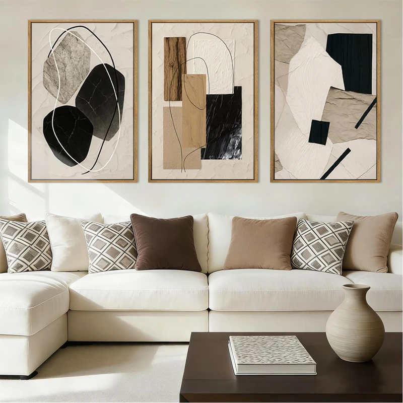 BINCUE Large Abstract Neutral Wall Art Framed Modern Canvas Prints Decor Artwork for Walls Black Gold Beige Paintings 16x24 Inch Set of 3 for Living Room Bedroom Bathroom