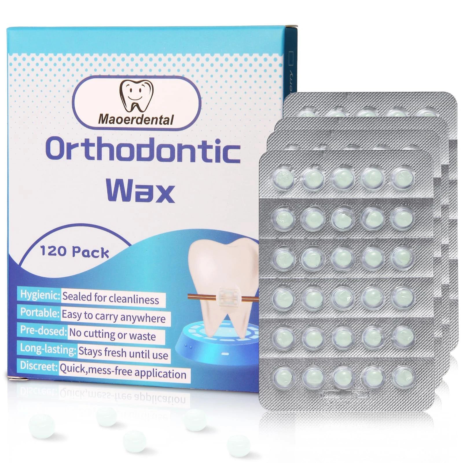 Maoerdental Orthodontic Wax 120 Pack, Easy to Mold Braces Wax, Dental Wax Long-Lasting Hold, Portable and Easy to Tear,Food Grade Relief Wax for Home Travel Office (Mint)
