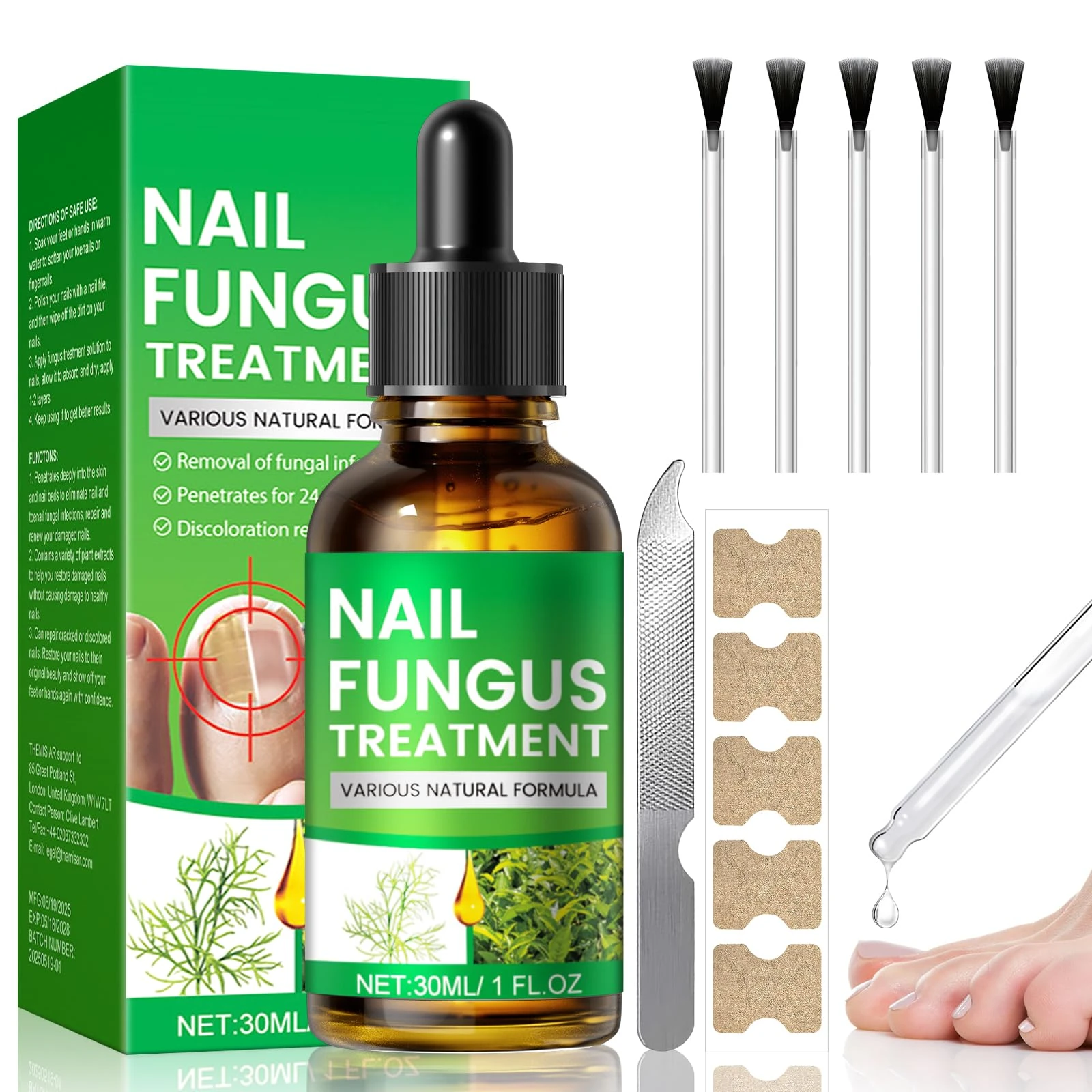 Extra Strong Fungal Nail Treatment, Nail Fungus Treatment for Toenail with Tea Tree Oil, Toe Nail & Ingrown Toenail Treatment, Nail Growth Treatment, Improves Thick Discolored Nails, 30ml + 5 Patches