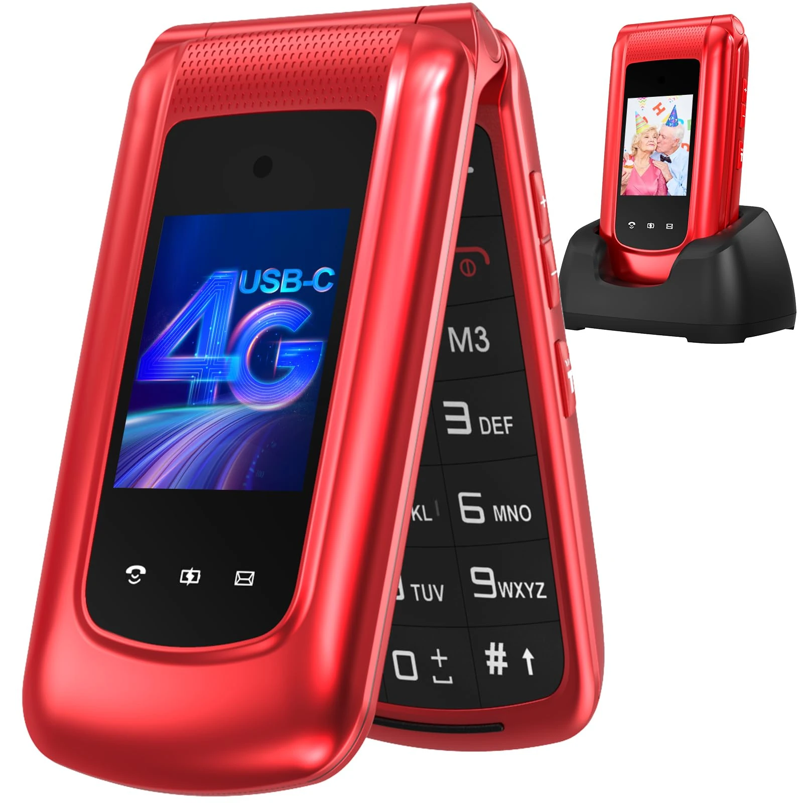 4G Senior Mobile Phone Simple for Elderly, Basic Cell Phone with Large Buttons, Flip Phone, Unlocked Senior Mobile Phone with 2.4" Color Display | SOS Button | FM Radio | Torch |1000mAh Battery (Red)