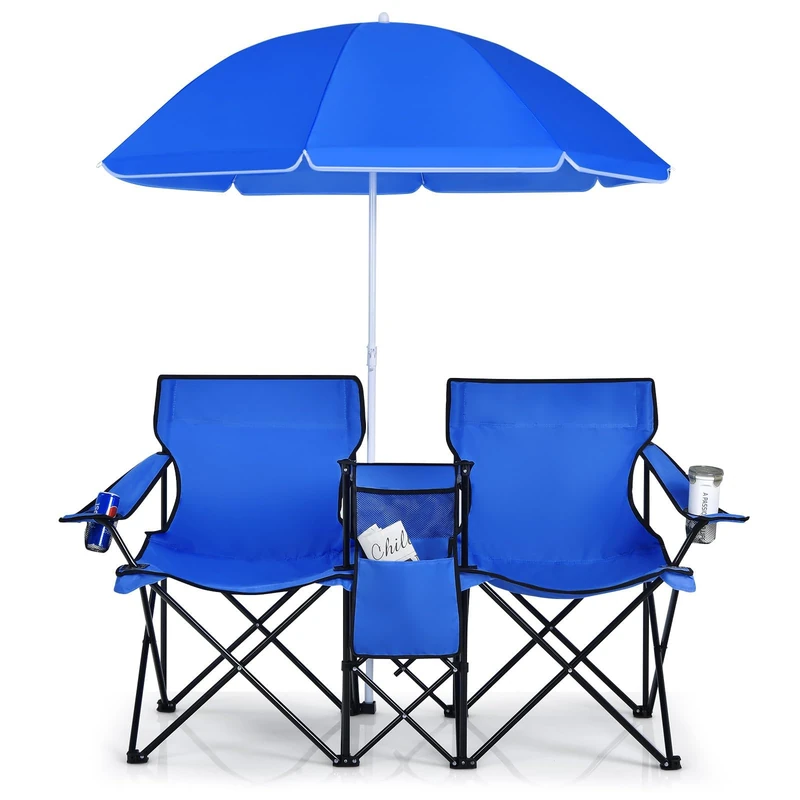 FANTASK Folding Fishing Chair with a Removable Umbrella, 2 Seater Camping Chairs, Camping Chair with Carry Bag, Folding Chair, Deep Blue