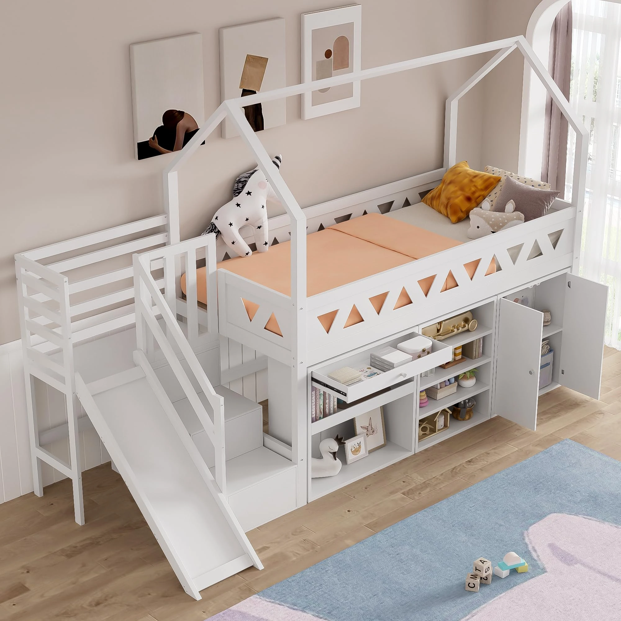 RIAZOS Children's Bed with Slide & Stairs - Multifunctional Solid Wood Bed Frame with Storage Drawers, Magnetic Locker Door - for Kids Boys Girls - White (90x190cm, No Mattress, UK Single Size)