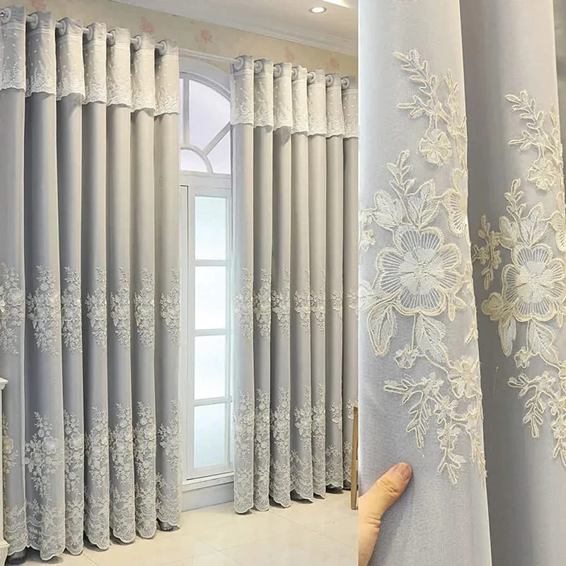 Amidoudou 1 Pair European Double Layer Curtains Luxury Flower Embroidered Curtains for Living Room Bedroom (Grey,52x120 Inch)