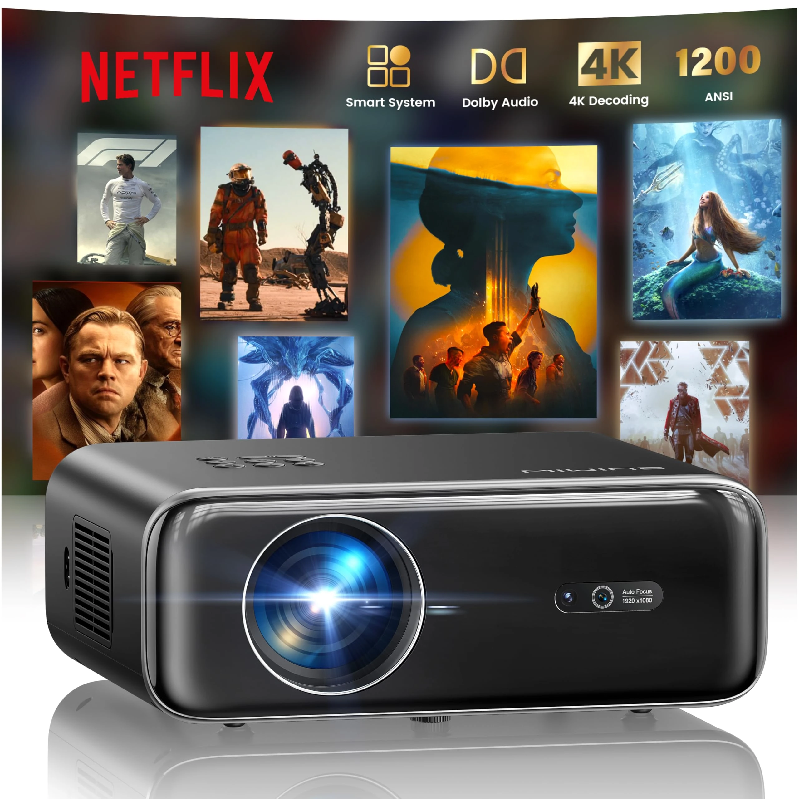 Netflix Officially/Dolby AudioSmart 4K Projector,1200ANSI FHD 1080P Portable Projector,HDR10 Short Throw Auto Focus/Keystone WiFi6 Bluetooth 50% Zoom Home Cinema Projectors for Bedroom,Outdoor,Gifts