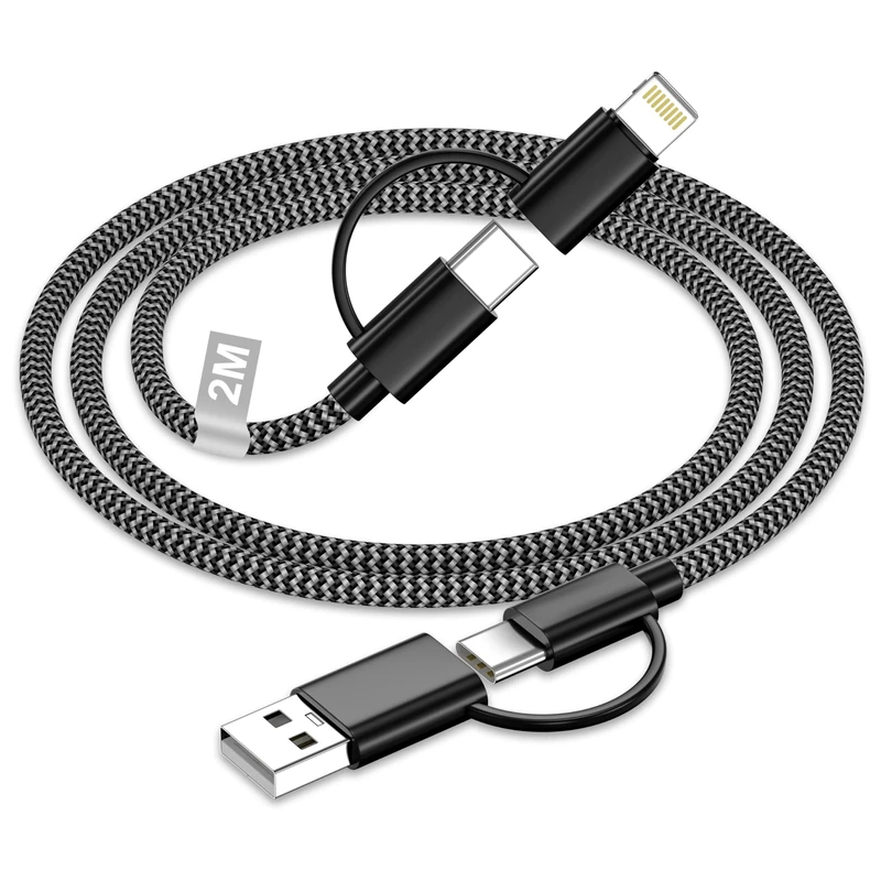 Multi Charger Cable 2M, 4 in 1 Charging Cable Braided Multiple Charger Cable Lead 60W Fast Charge USB A/USB C to Lightning Cable, USB A/USB C to USB C Cable for iPhone, iPad, Samsung, Android, Xiaomi